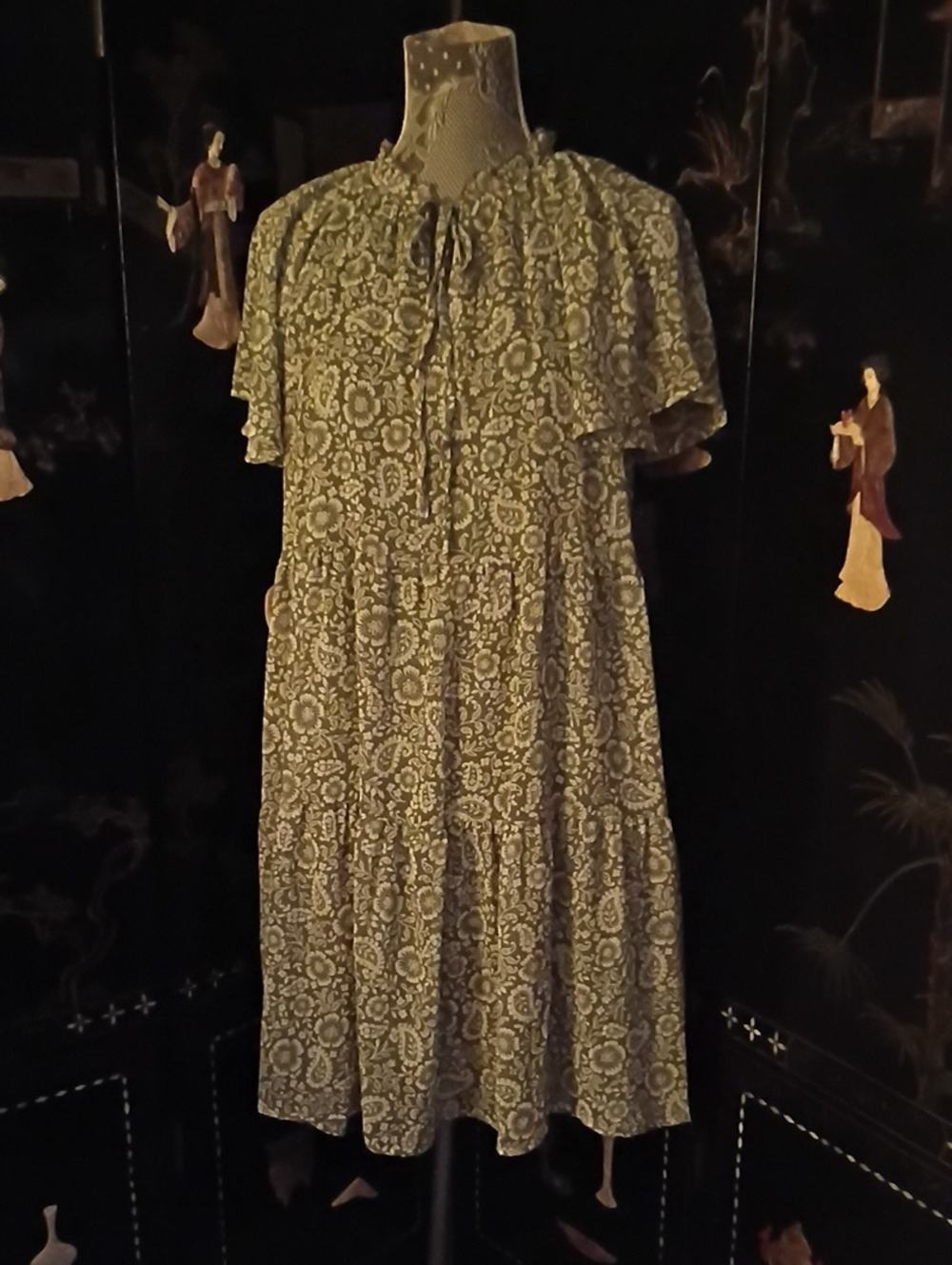 Lark + Grey Sage GreenOff White Floral Paisley Print Tiered Boho Dress NWT Sz M